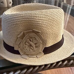 New York & Company Tan Straw Hat with Flower Detail